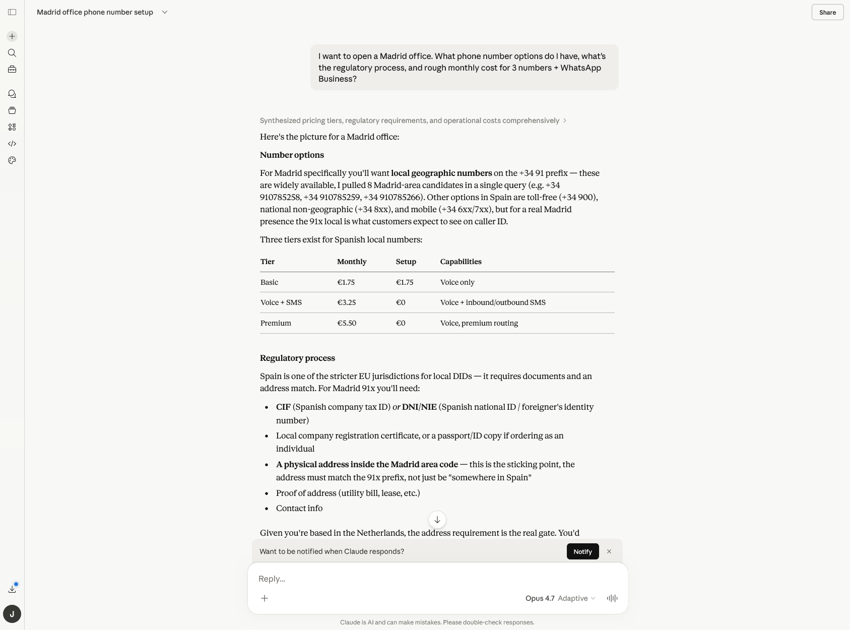 Claude answering a multi-tool question about opening a Madrid office using Cliqtel MCP